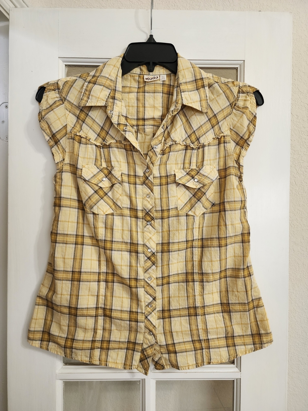 Mudd Y2K Plaid Western Snap Front Ruffle Cap Sleeve Top XL